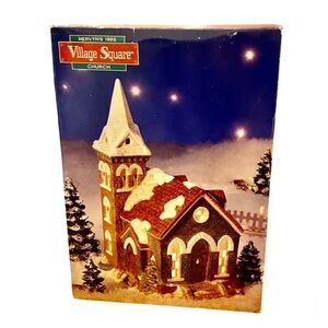 Vintage Mervyn's 1993 Christmas Village Square Light Up Plug in Church